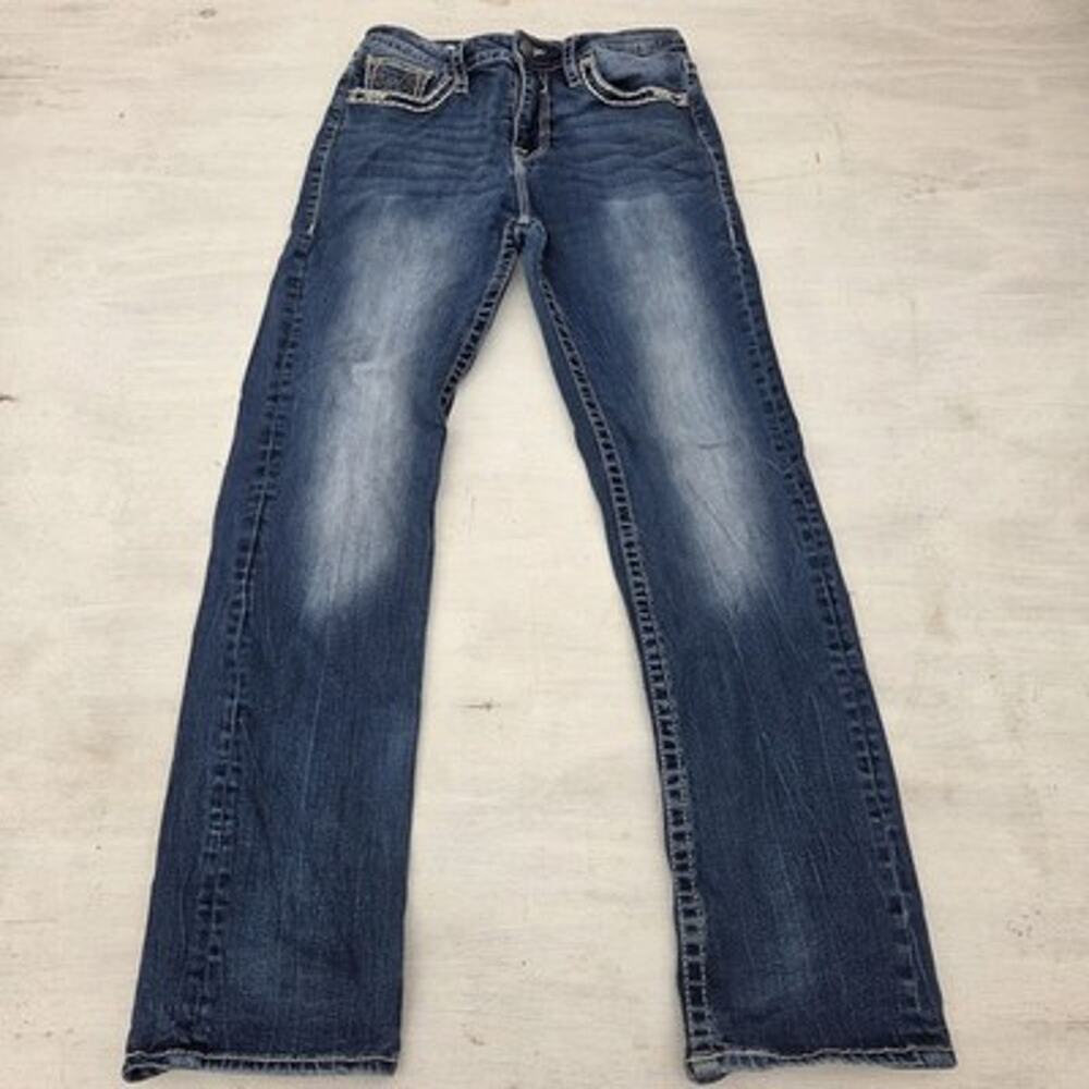 Vigoss Womens Jeans Dark Blue Straight Embroidered Pockets Size 8